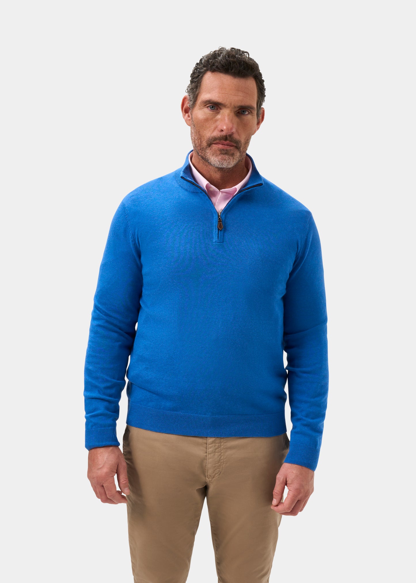 Mens Cotton Cashmere Quarter Zip Jumper in Blue