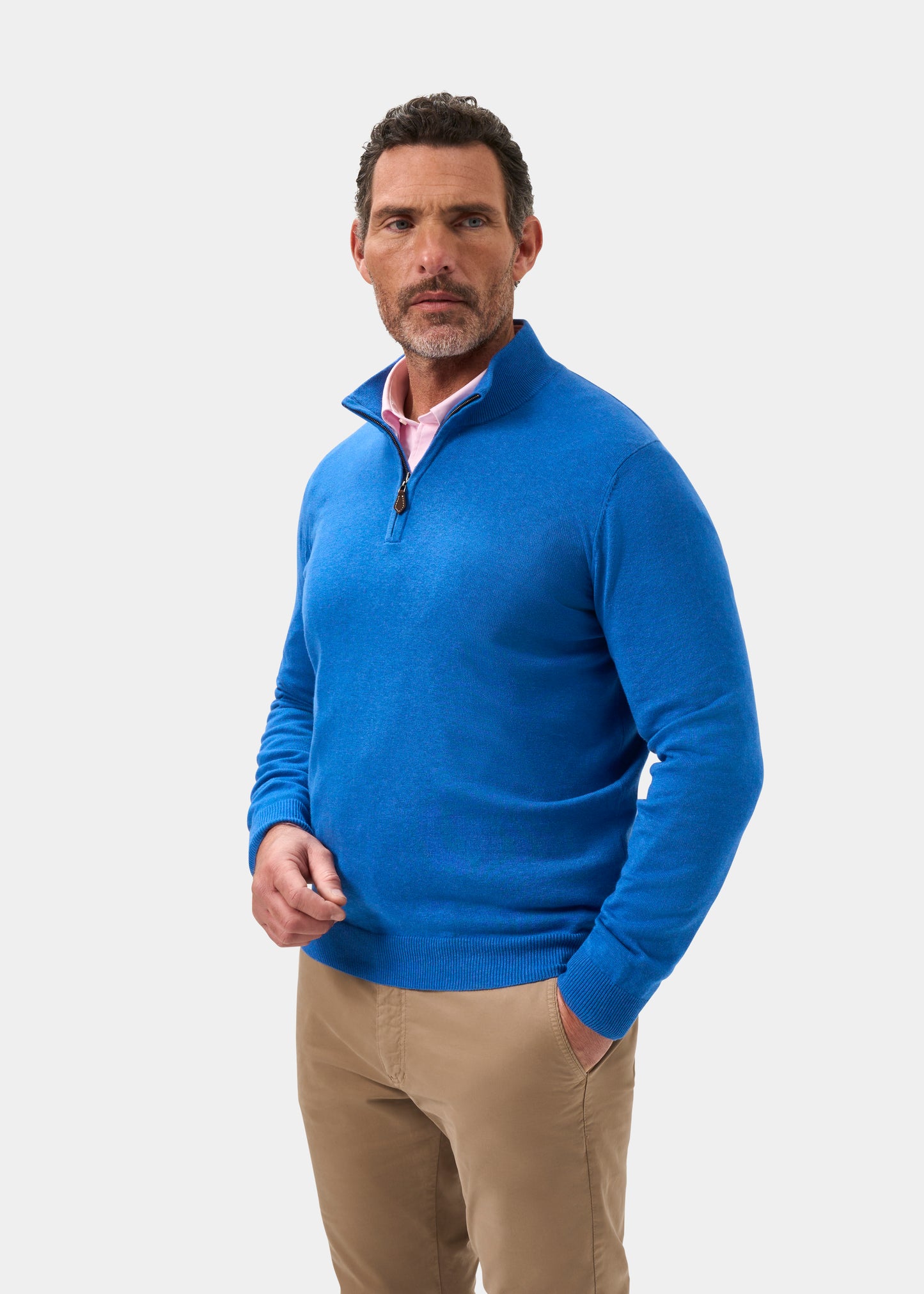 Mens Cotton Cashmere Quarter Zip Jumper in Blue