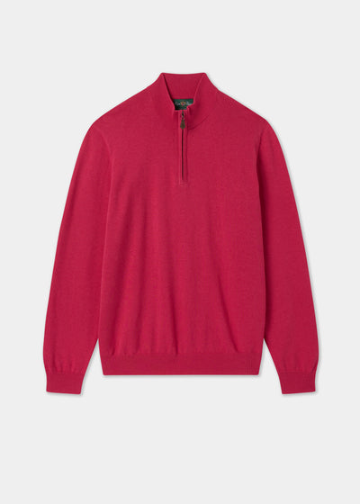 Mens Cotton Cashmere Quarter Zip Jumper in Raspberry Red
