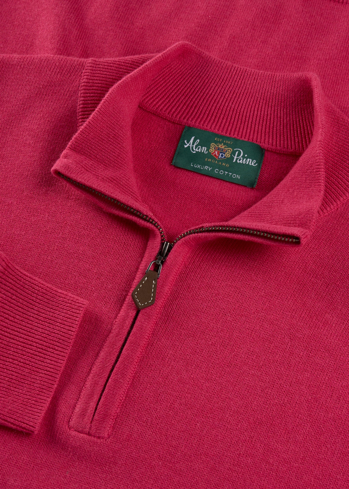 Mens Cotton Cashmere Quarter Zip Jumper in Raspberry Red