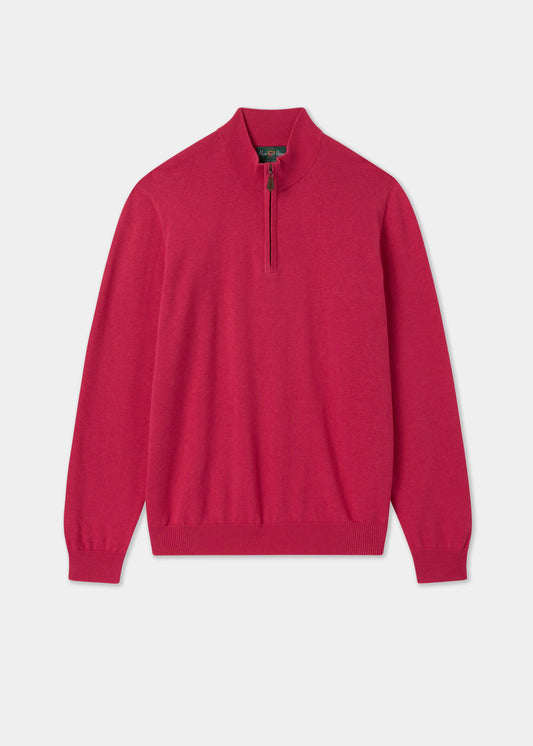 Mens Cotton Cashmere Quarter Zip Jumper in Raspberry Red