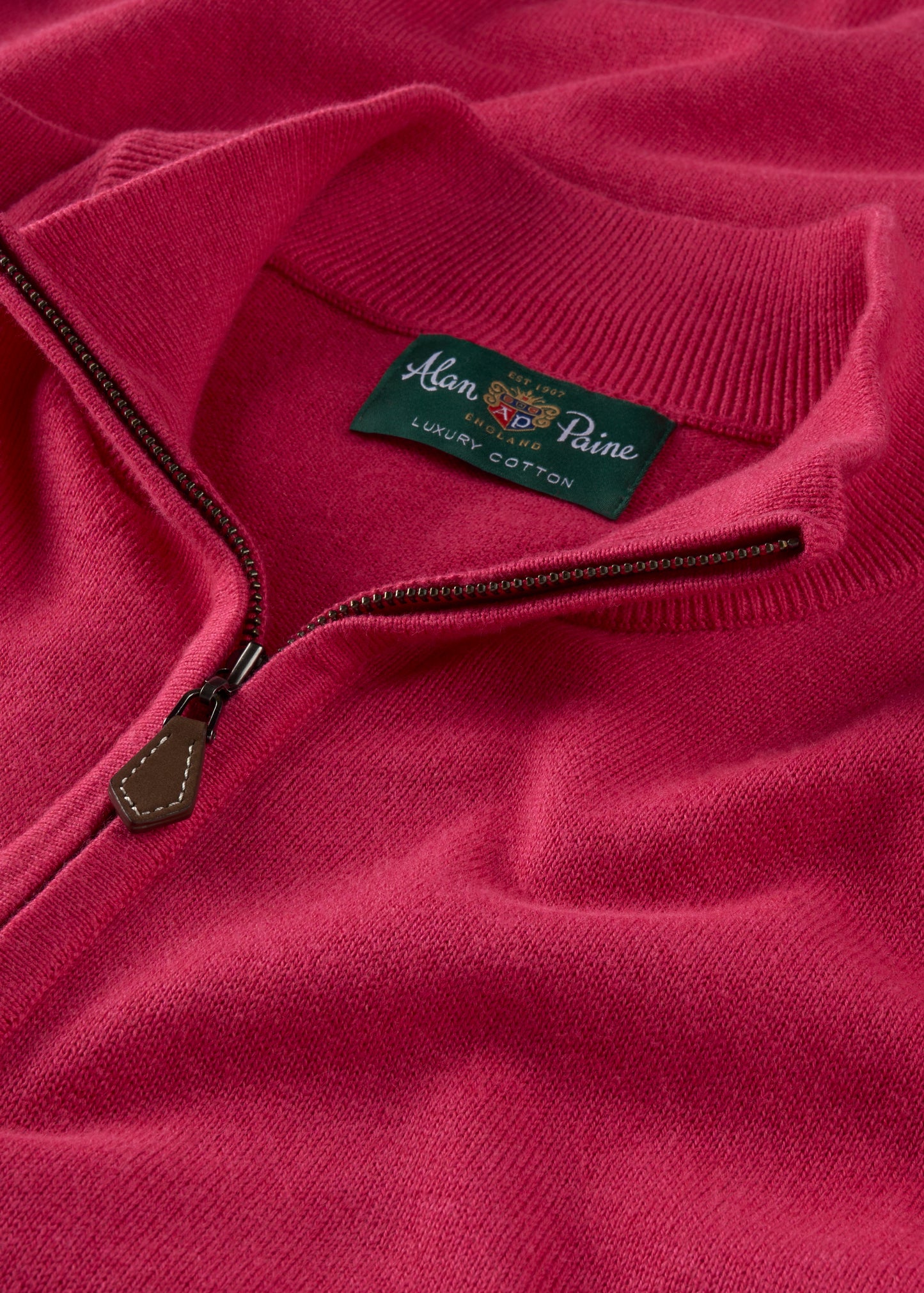 Mens Cotton Cashmere Quarter Zip Jumper in Raspberry Red