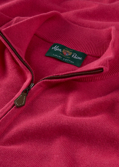 Mens Cotton Cashmere Quarter Zip Jumper in Raspberry Red