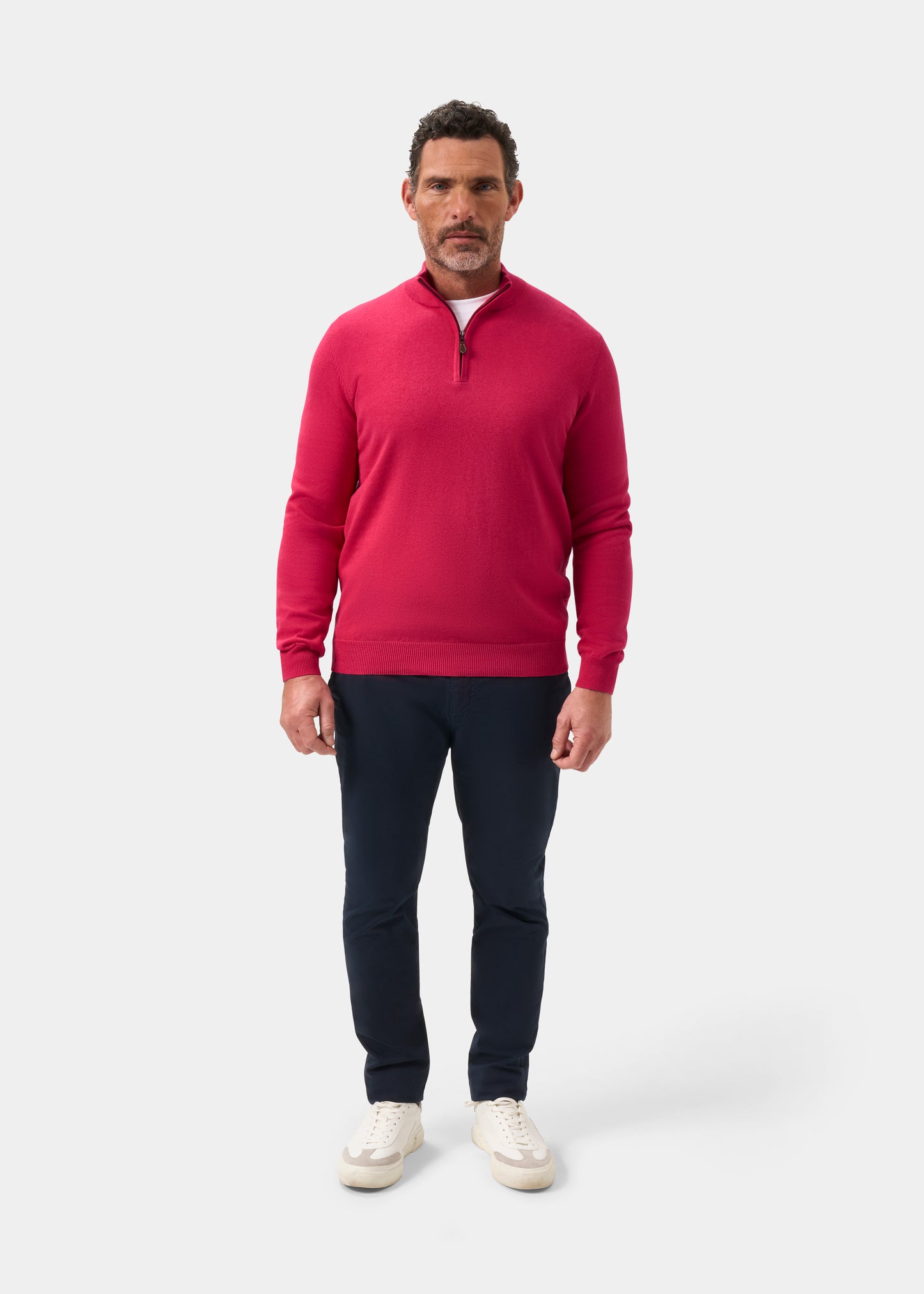 Mens Cotton Cashmere Quarter Zip Jumper in Raspberry Red