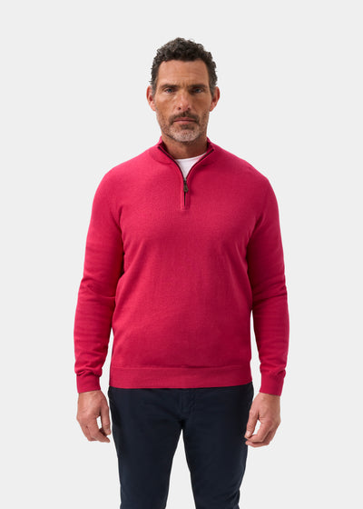 Mens Cotton Cashmere Quarter Zip Jumper in Raspberry Red