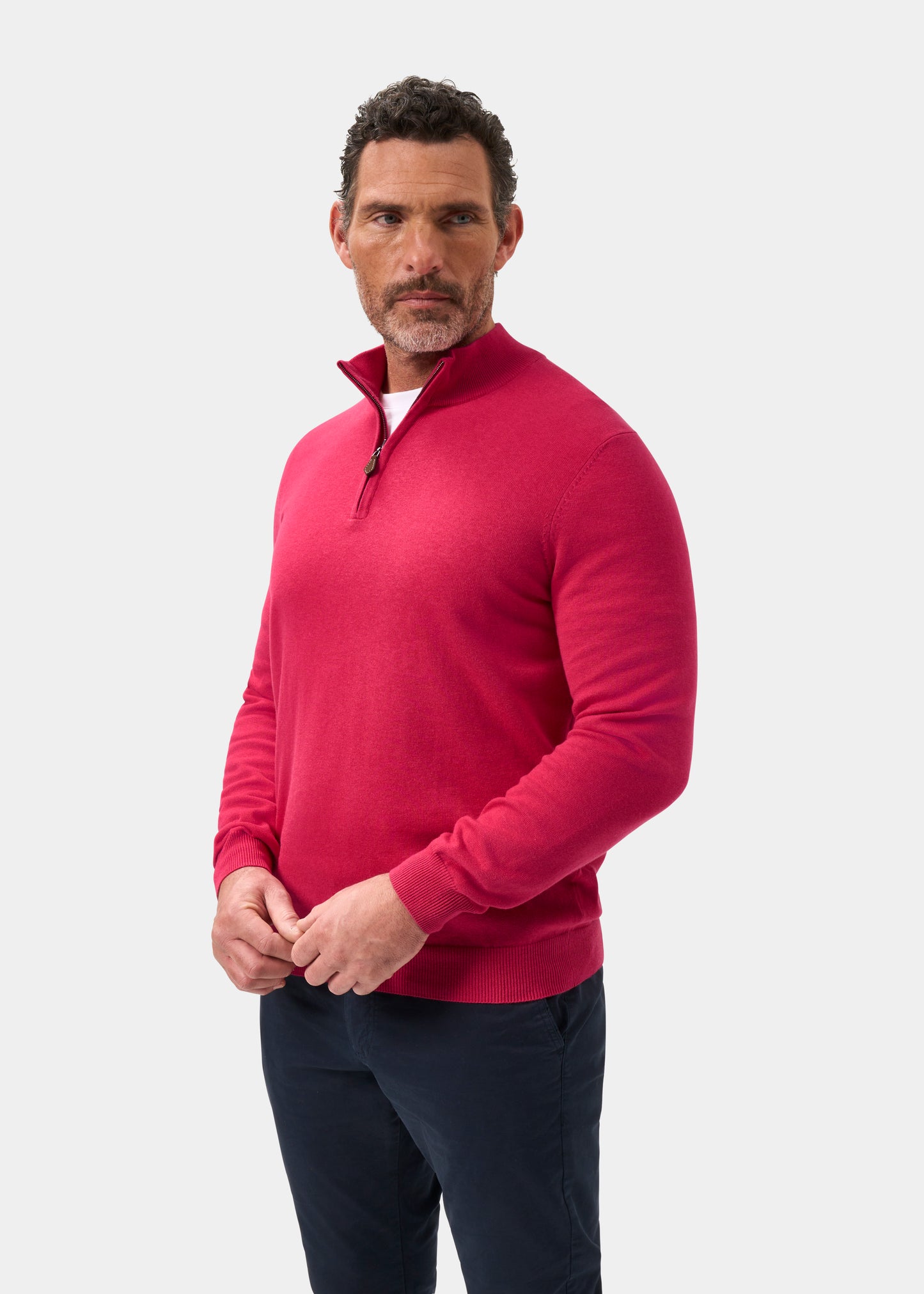 Mens Cotton Cashmere Quarter Zip Jumper in Raspberry Red