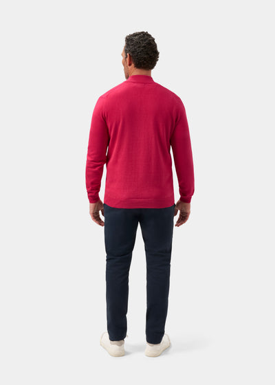 Mens Cotton Cashmere Quarter Zip Jumper in Raspberry Red