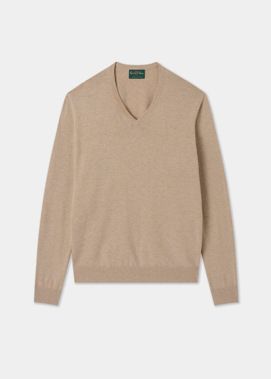 Men's Cotton Cashmere Vee Neck Jumper in Beige