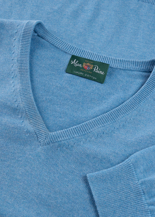 Men's Cotton Cashmere Vee Neck Jumper in Light Blue