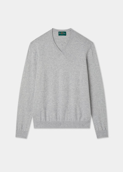 Men's Cotton Cashmere Vee Neck Jumper in Light Grey