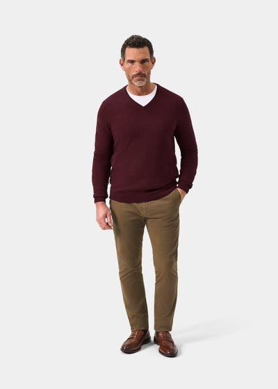 Men's Cotton Cashmere Vee Neck Jumper in Purple