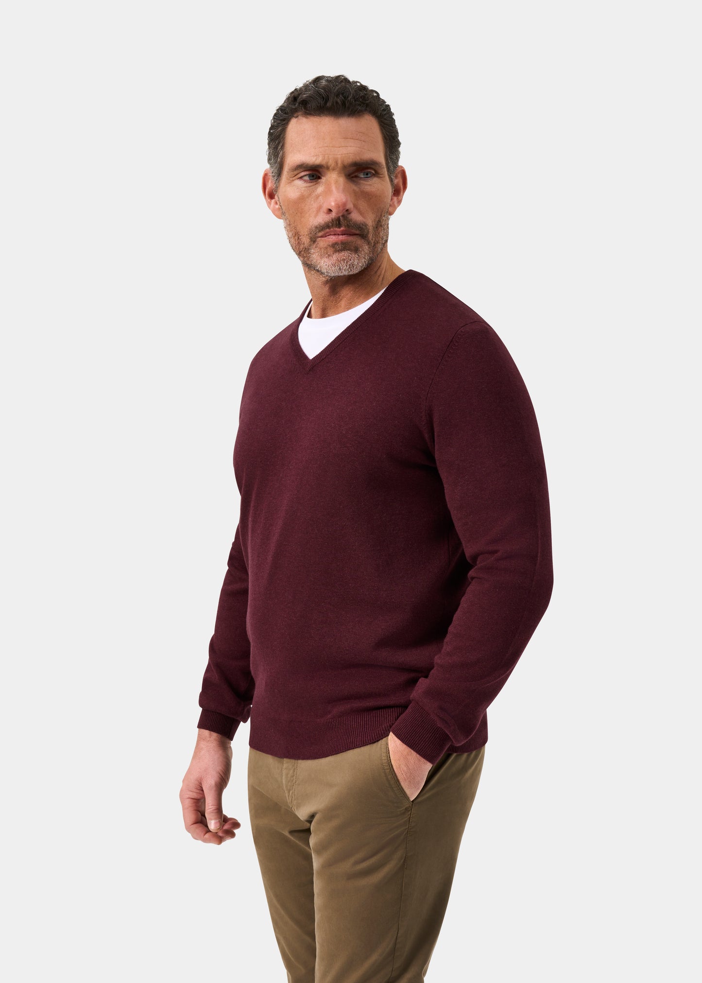 Men's Cotton Cashmere Vee Neck Jumper in Purple