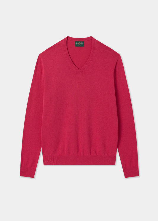 Men's Cotton Cashmere Vee Neck Jumper in Raspberry