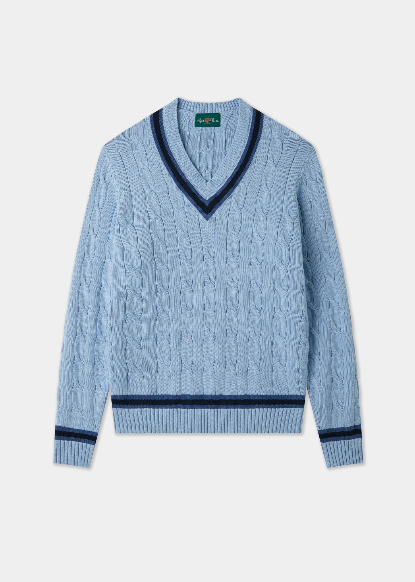 Cotton V-Neck Cricket Jumper In Light Blue and Navy