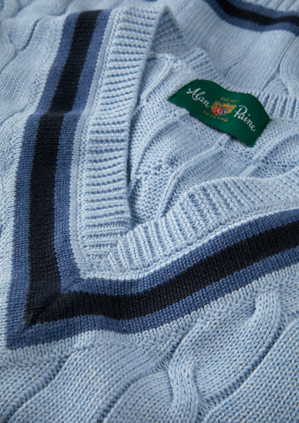 Cotton V-Neck Cricket Jumper In Light Blue and Navy
