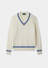 Men's Cotton V-neck Cricket Jumper In White and Blue