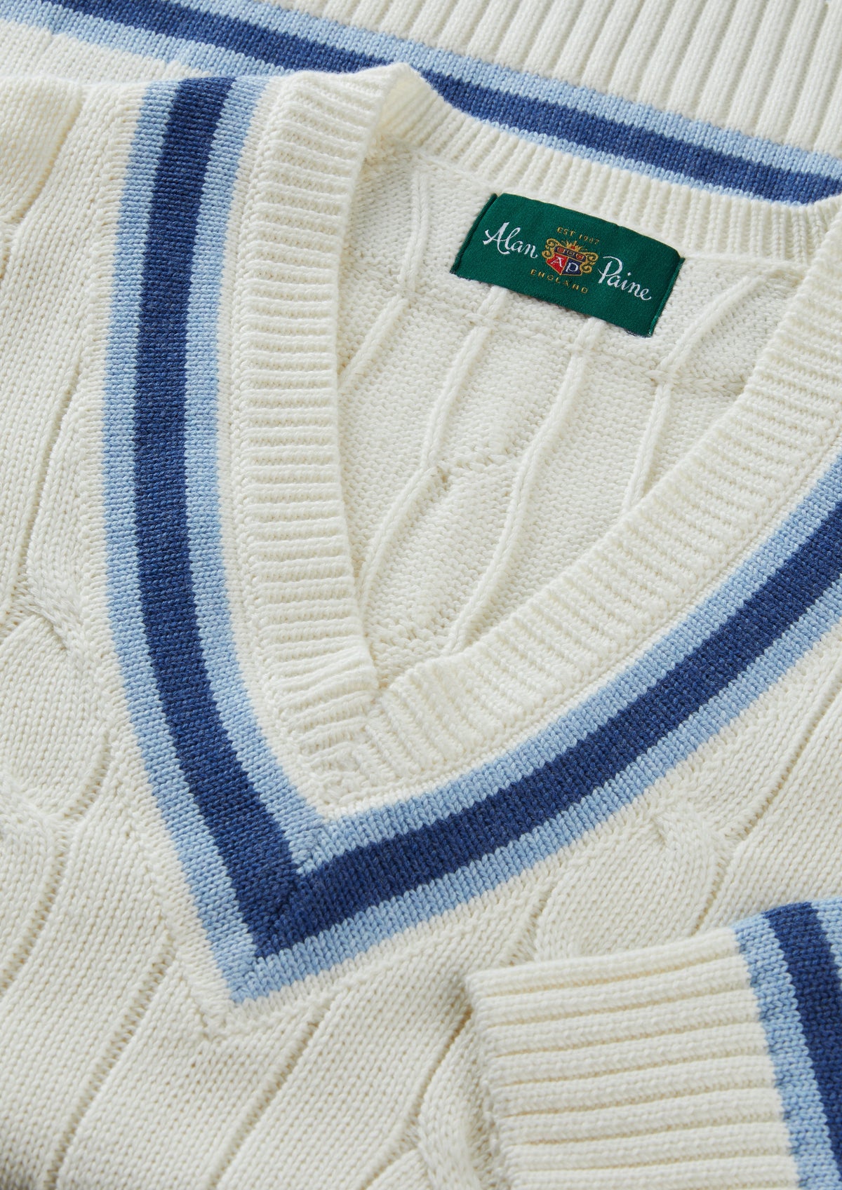 Men's Cotton V-neck Cricket Jumper In White and Blue