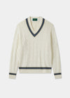 Men's Cotton Vee Neck Cricket Jumper in White, Green and Blue