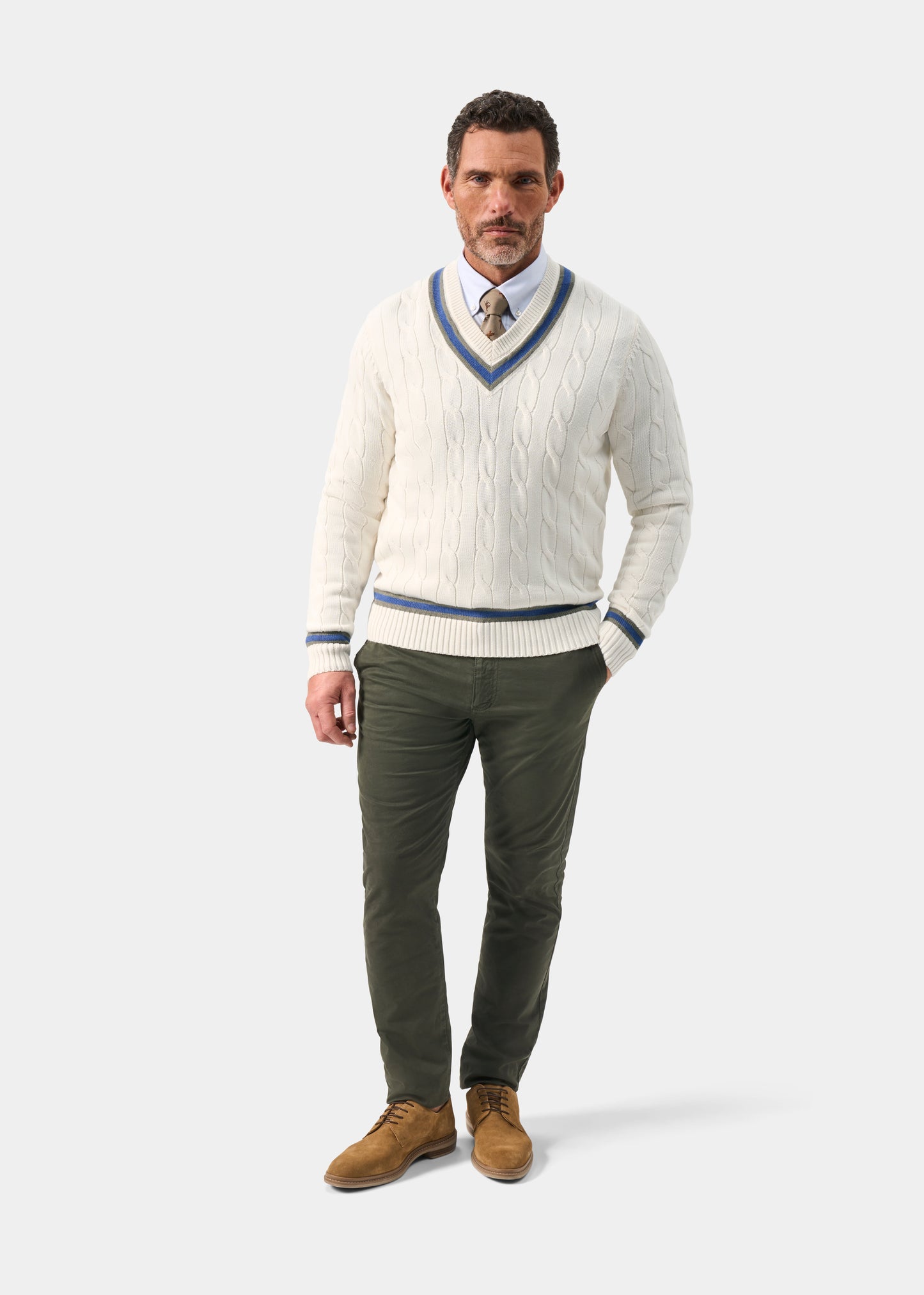 Men's Cotton Vee Neck Cricket Jumper in White, Green and Blue