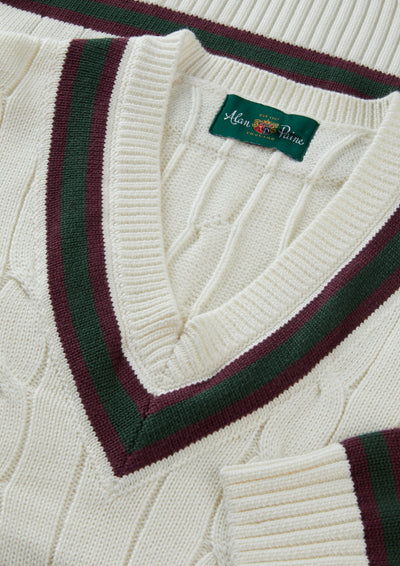 Men's Cotton Vee Neck Cricket Jumper in White, Purple and Green