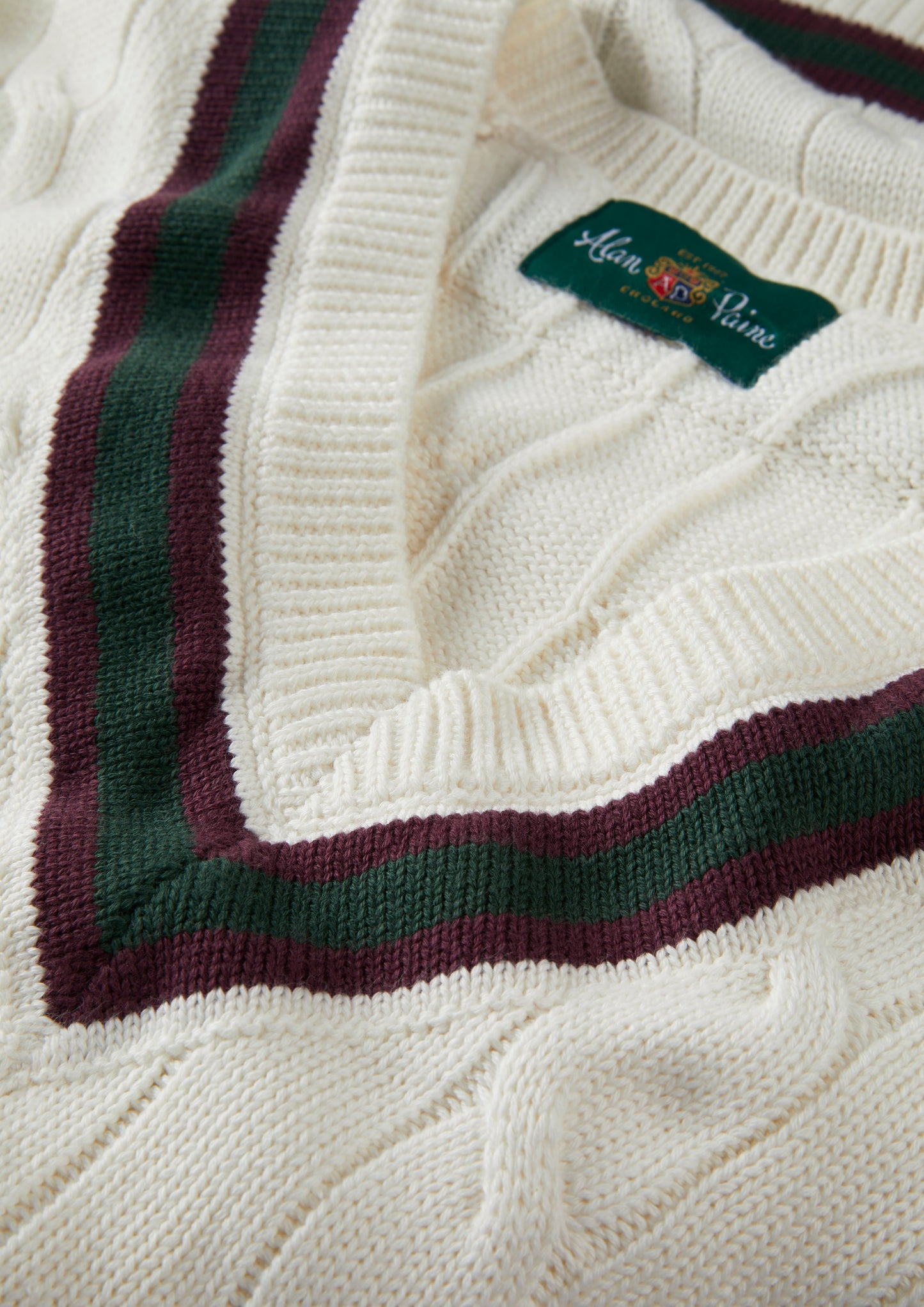 Men's Cotton Vee Neck Cricket Jumper in White, Purple and Green