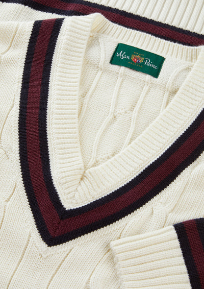 Men's Cotton Vee Neck Cricket Jumper in White, Navy and Purple