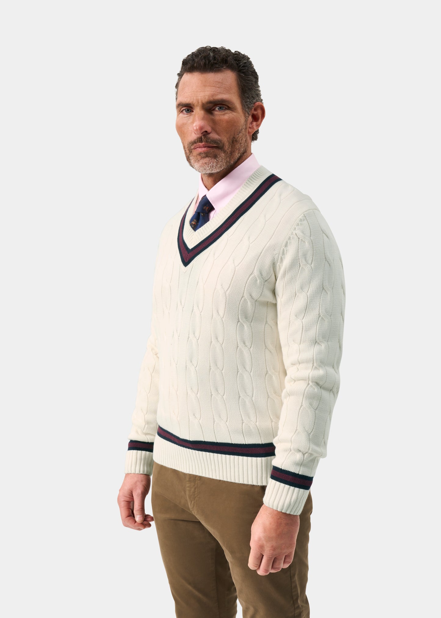 Men's Cotton Vee Neck Cricket Jumper in White, Navy and Purple
