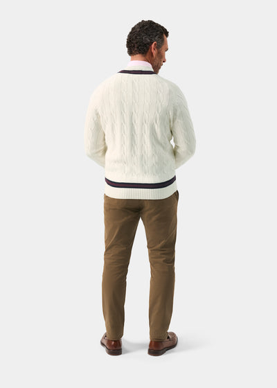 Men's Cotton Vee Neck Cricket Jumper in White, Navy and Purple