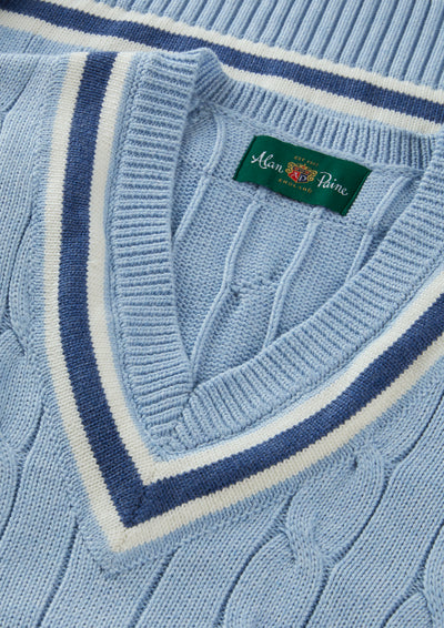 Men's Cotton Vee Neck Slipover Cricket Jumper in Light Blue and Navy