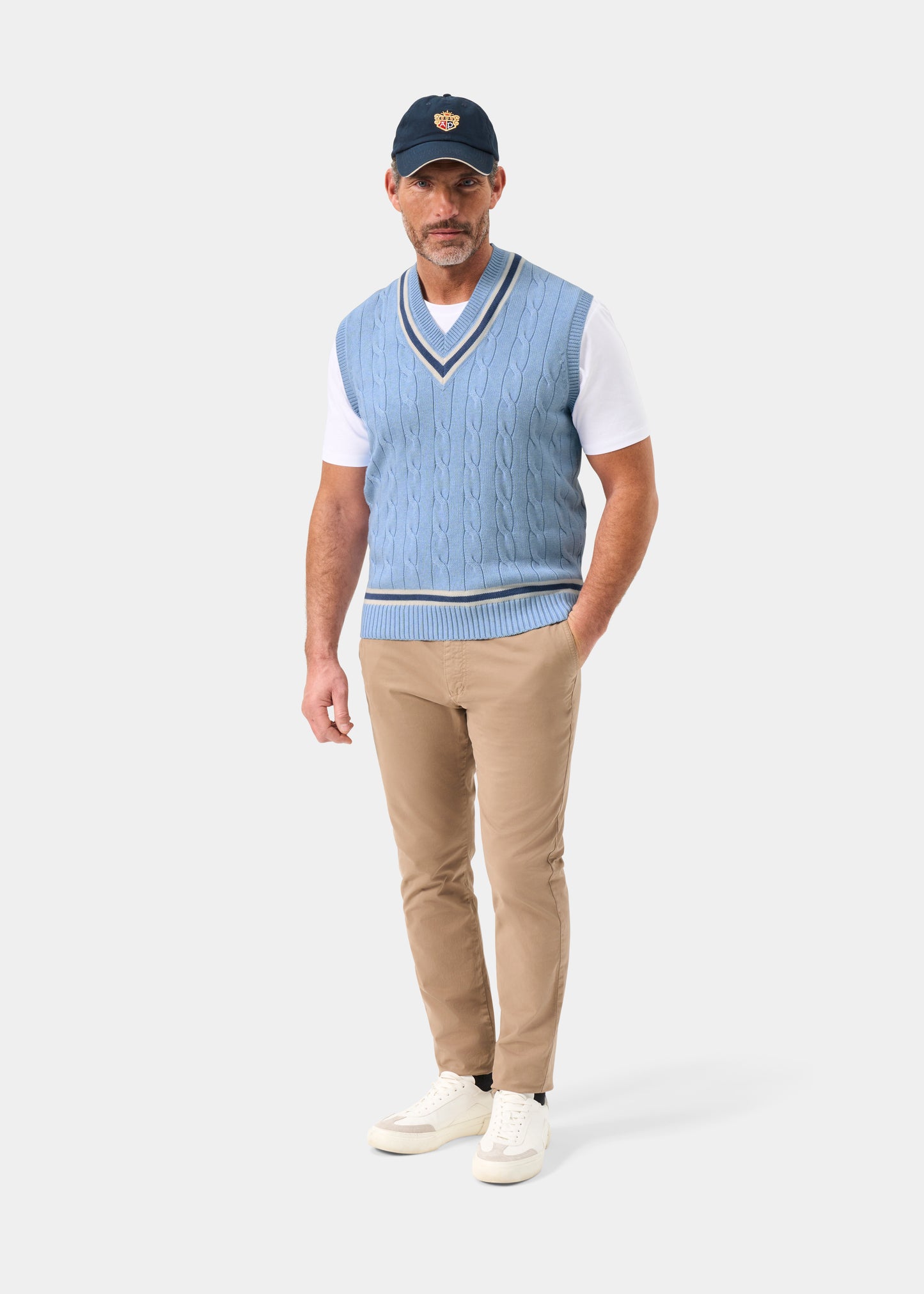 Men's Cotton Vee Neck Slipover Cricket Jumper in Light Blue and Navy