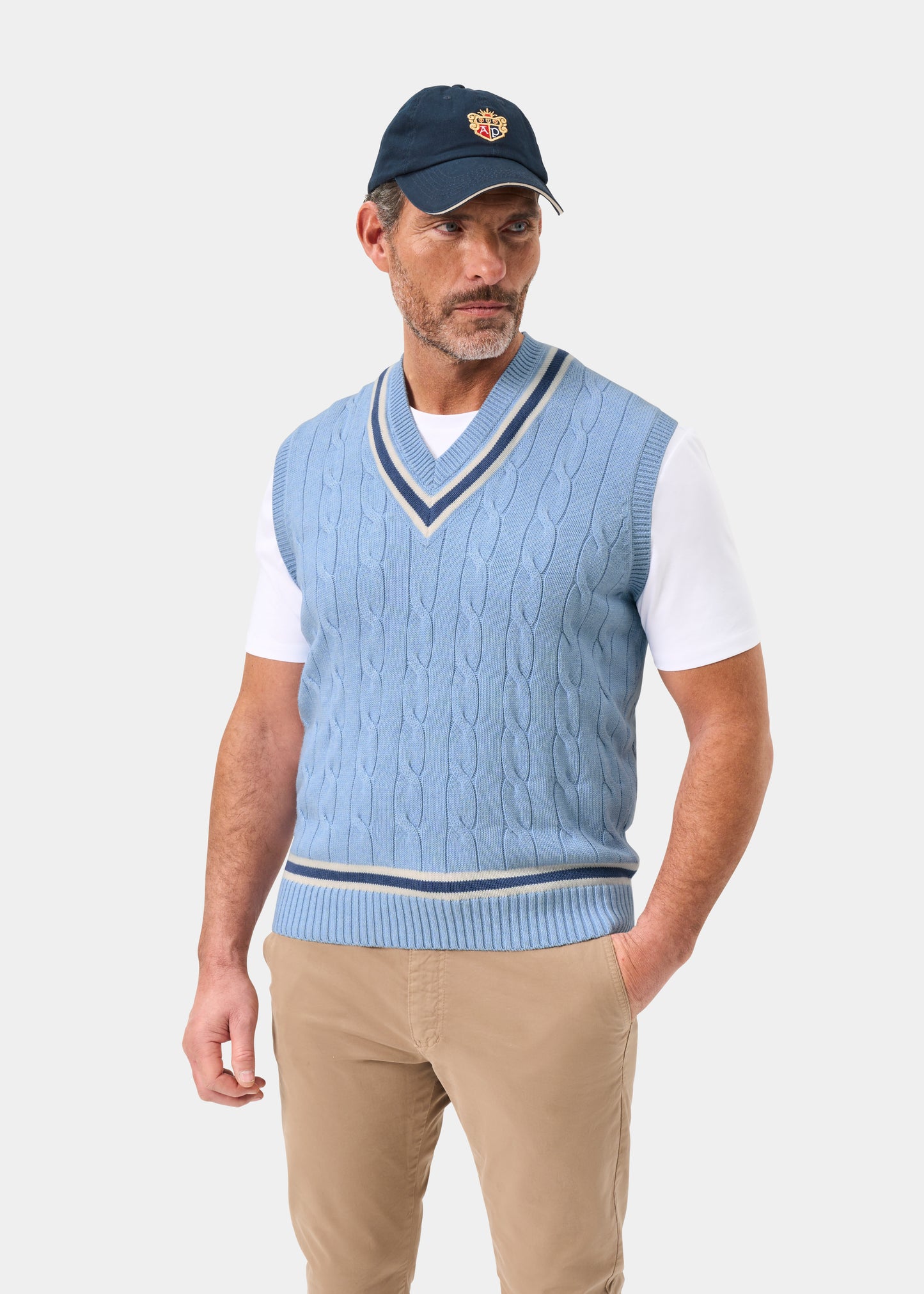Men's Cotton Vee Neck Slipover Cricket Jumper in Light Blue and Navy