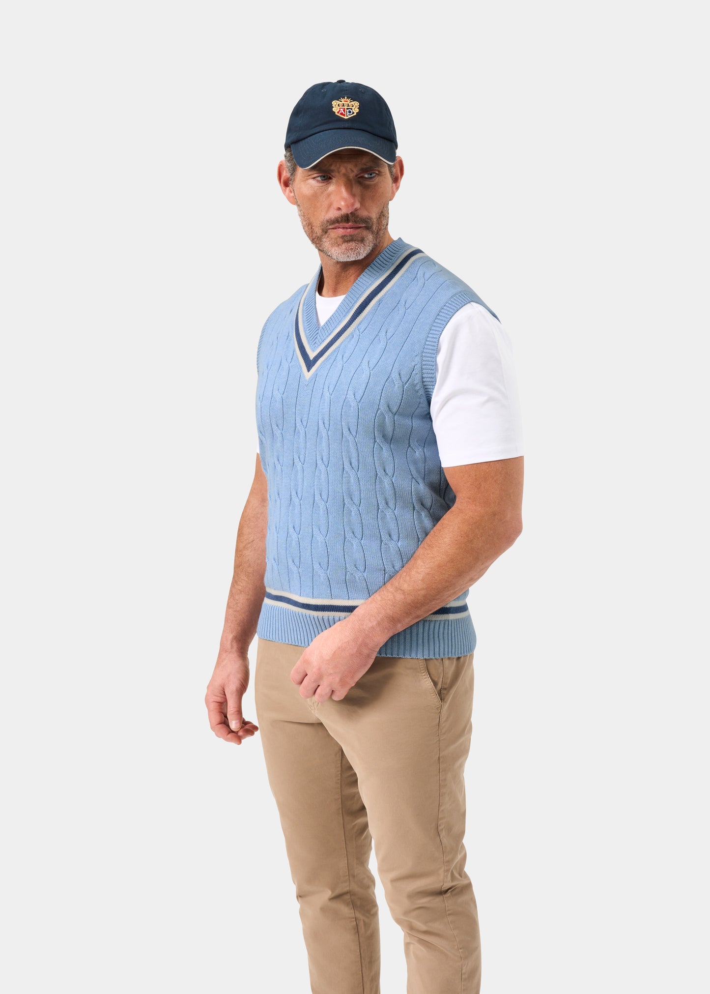 Men's Cotton Vee Neck Slipover Cricket Jumper in Light Blue and Navy