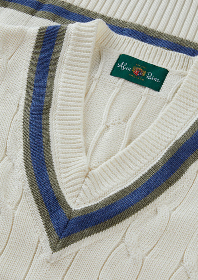 Men's Cotton Vee Neck Slipover Cricket Junper in White and Blue
