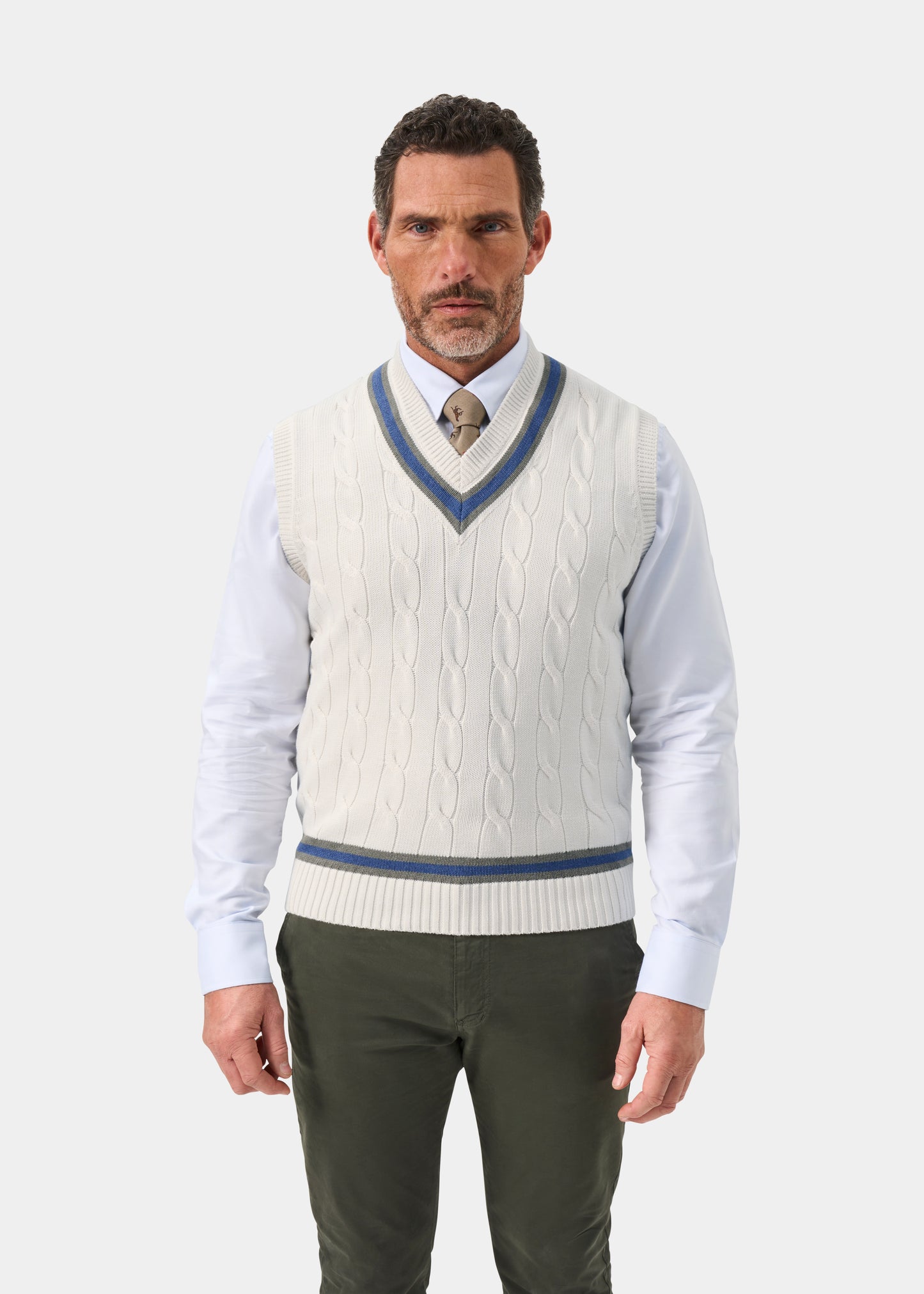 Men's Cotton Vee Neck Slipover Cricket Junper in White and Blue