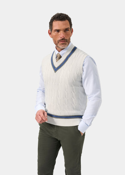 Men's Cotton Vee Neck Slipover Cricket Junper in White and Blue