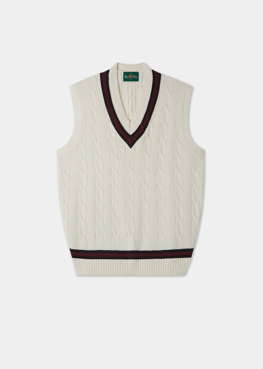 Men's Cotton Vee Neck Slipover Cricket Junper in White and Red