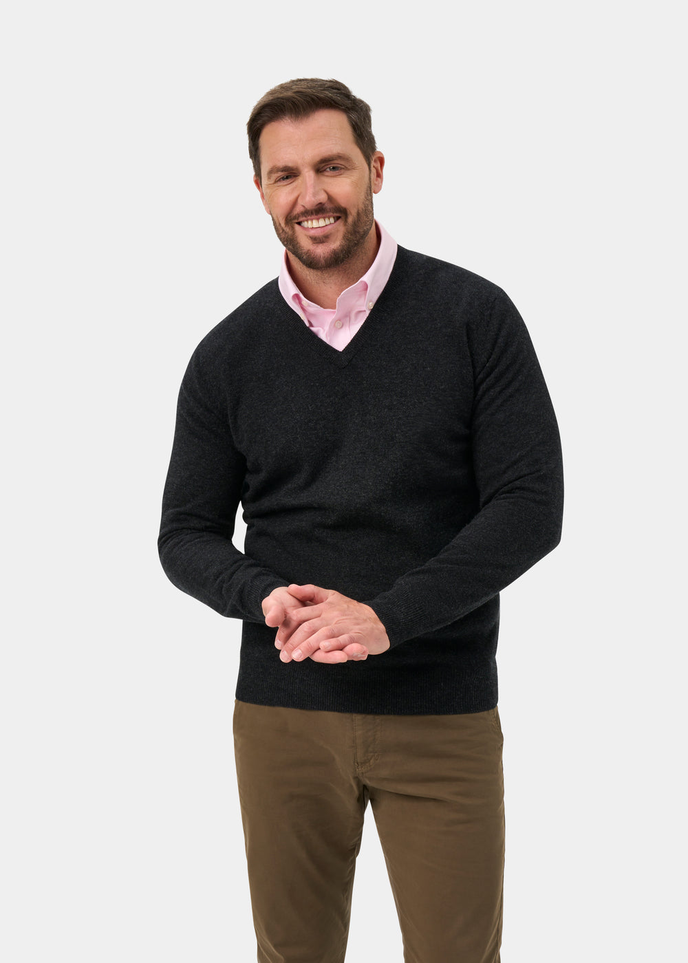 Albury Geelong Wool V-Neck Jumper In Charcoal - Regular Fit