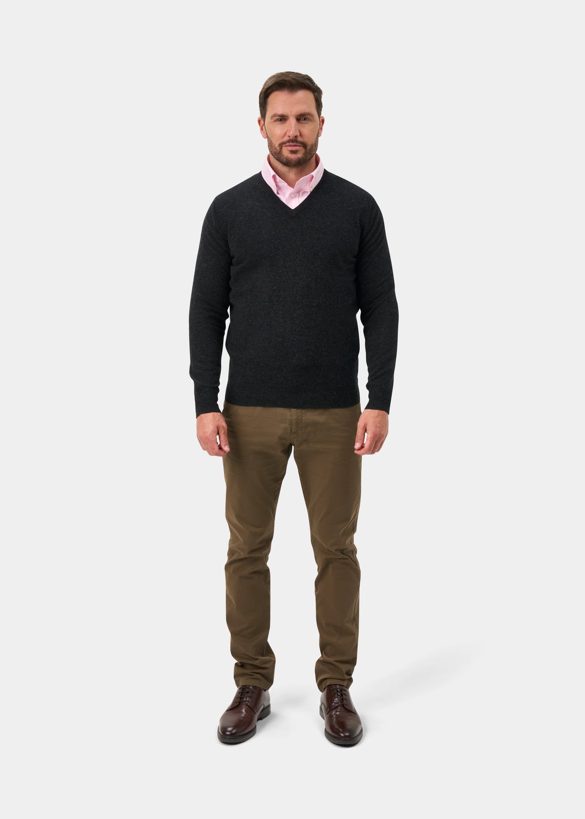 Albury Geelong Wool V-Neck Jumper In Charcoal - Regular Fit