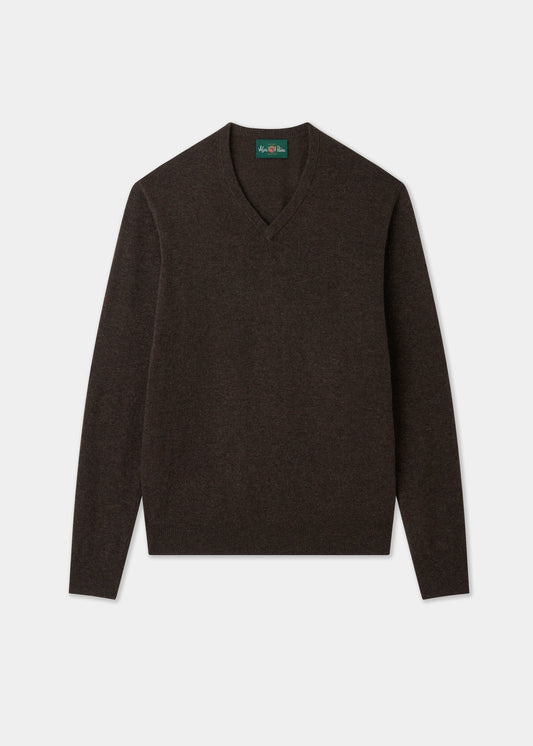 Men's Geelong Wool Vee Neck Jumper in Cocoa