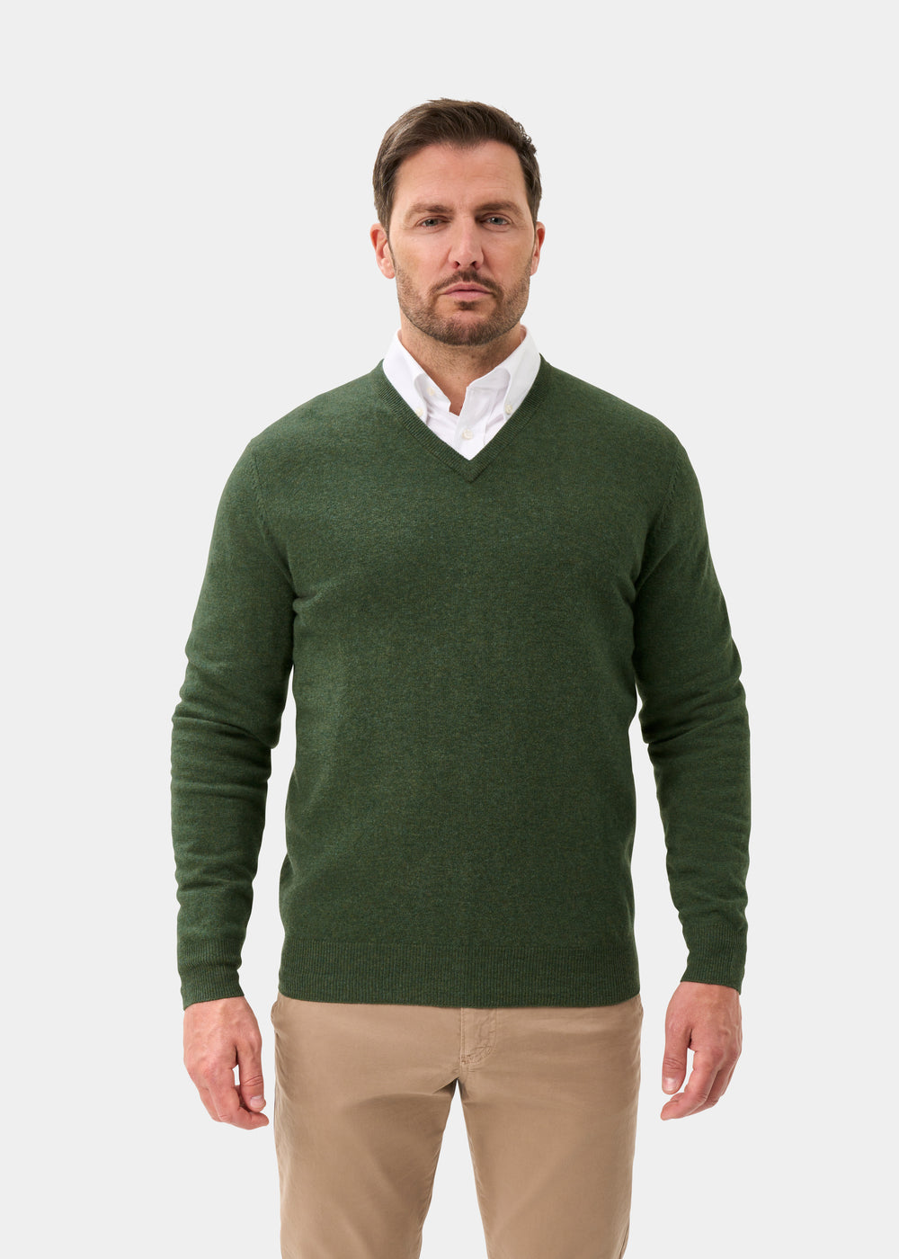 Men's Geelong Wool Vee Neck Jumper in Rosemary