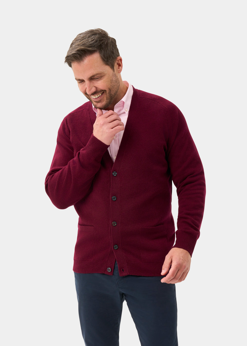 Men's Lambswool Vee Neck Cardigan Jumper in Bordeaux