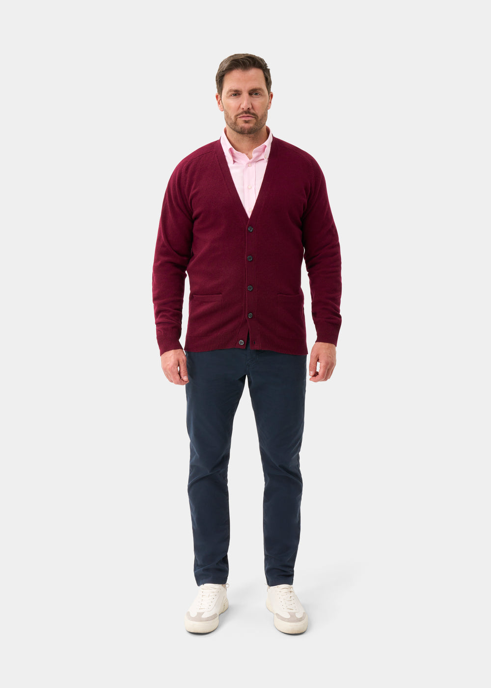 Men's Lambswool Vee Neck Cardigan Jumper in Bordeaux