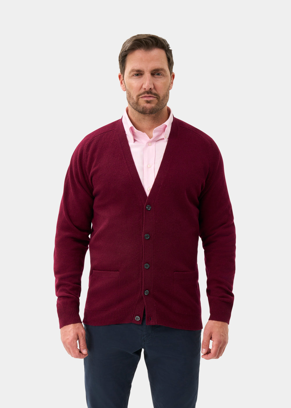 Men's Lambswool Vee Neck Cardigan Jumper in Bordeaux