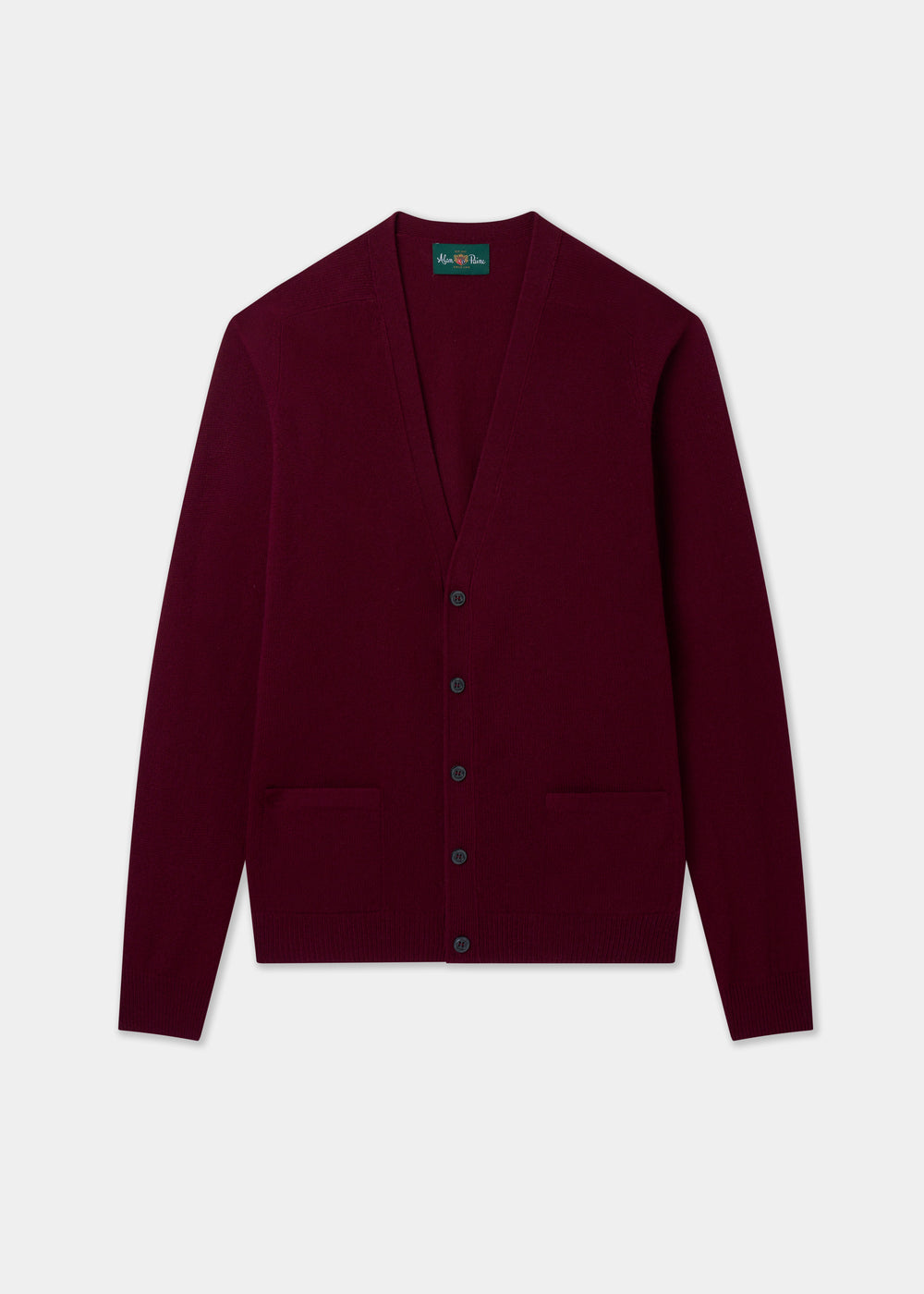 Men's Lambswool Vee Neck Cardigan Jumper in Bordeaux