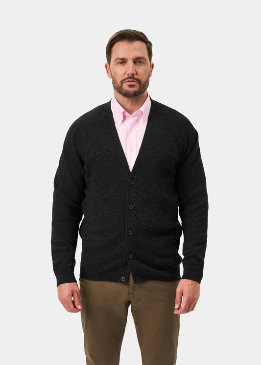 Cornwall Lambswool Vee Neck Cardigan In Charcoal - Classic Fit