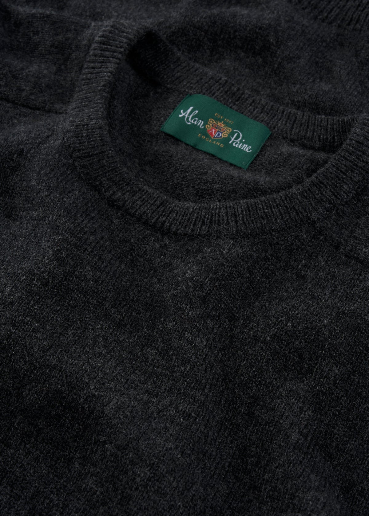 Lenzie Lambswool Crew Neck Jumper in Charcoal, Regular Fit, shown flat with green Alan Paine label at the collar.