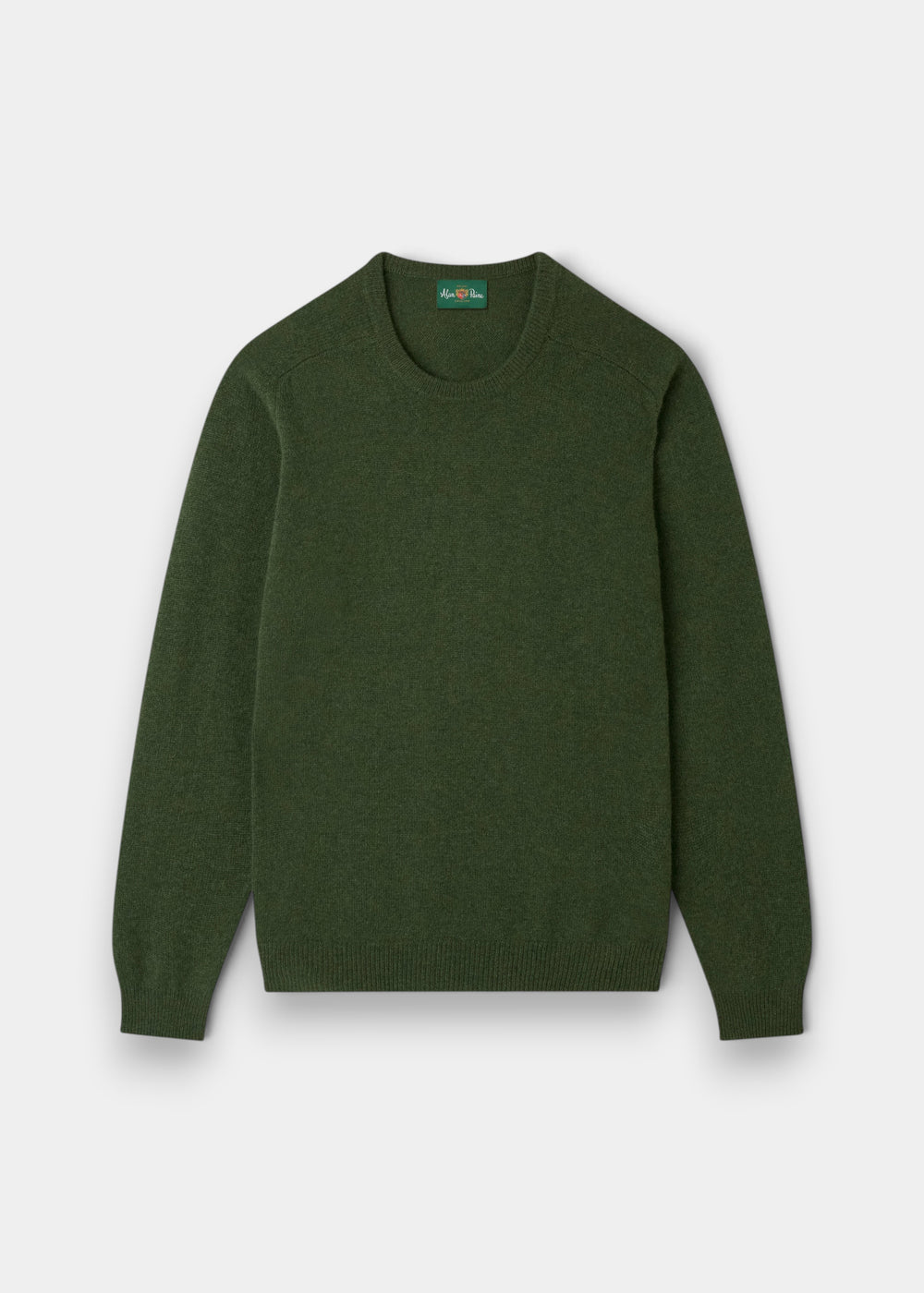 Dorset Lambswool Crew Neck Jumper in Rosemary, classic fit, long sleeves, saddle shoulder, shown flat on white.