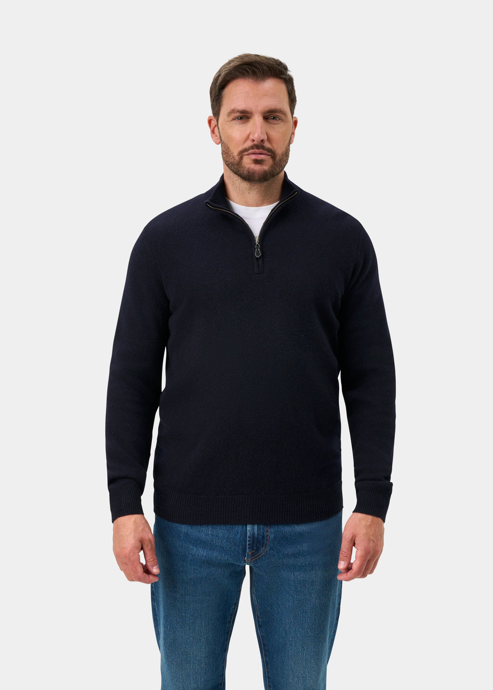 Sutherland Lambswool Quarter Zip Jumper In Navy - Regular Fit