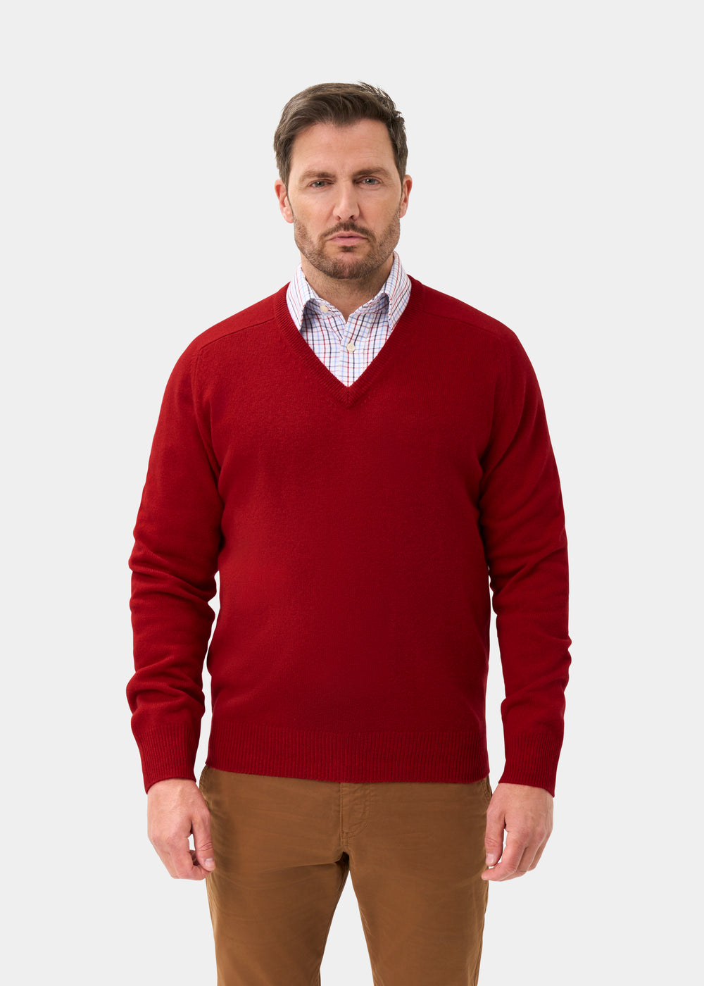 Men's Lambswool Vee Neck Jumper in Dubonnet