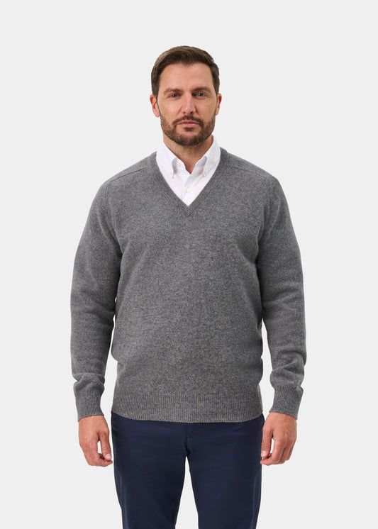 Hampshire Lambswool Vee Neck Jumper In Grey Mix - Classic Fit